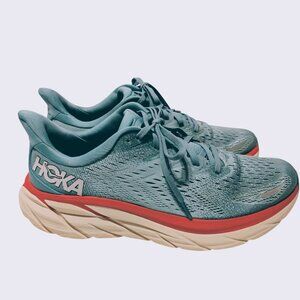 Hoka One One Women's Clifton 8 Running Shoes Sneakers Aqua Teal Red size 10B